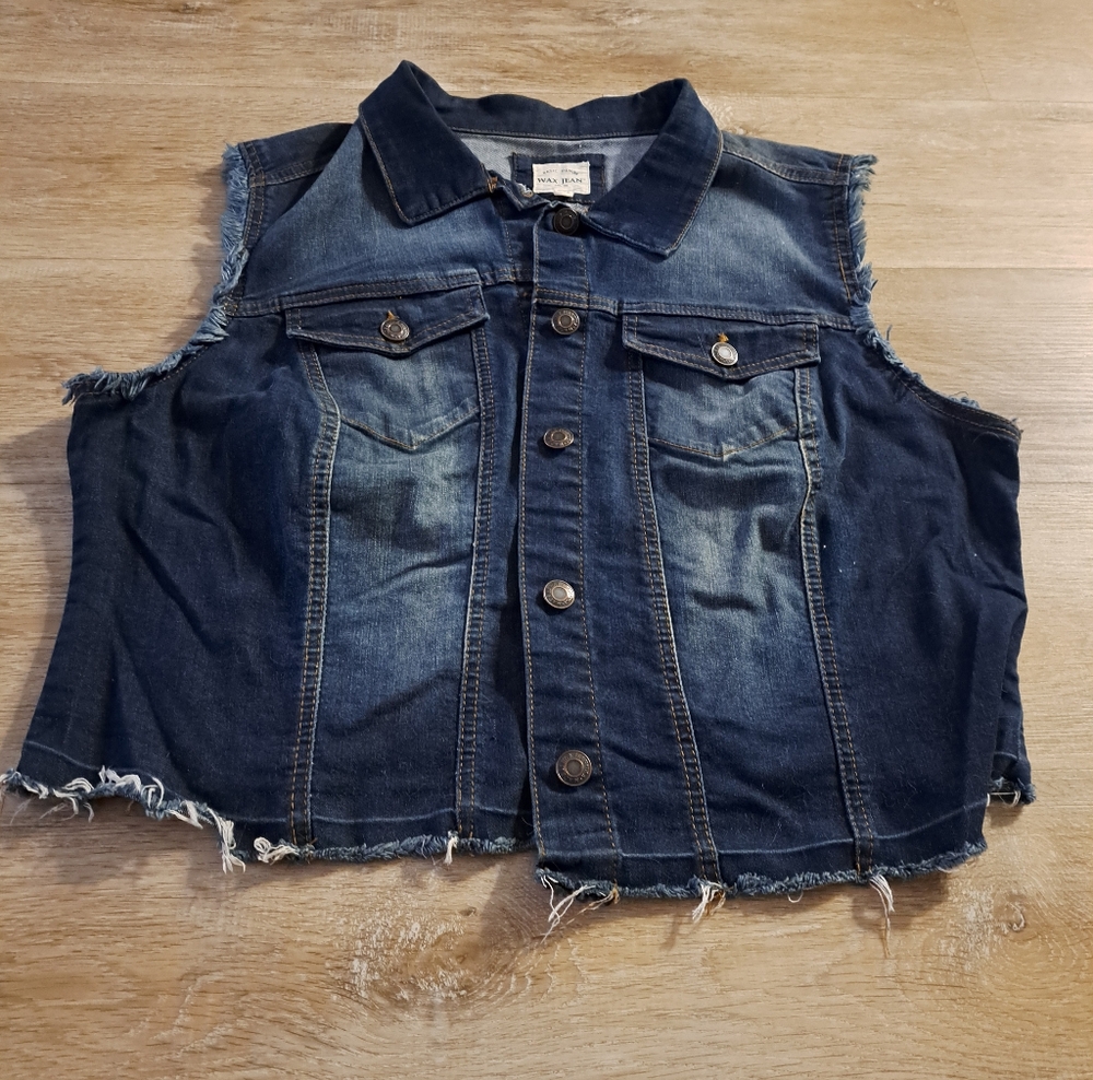 Wax Jean Dark Blue Denim Sleeveless Vest Frayed Edges High-Low Size 2XL